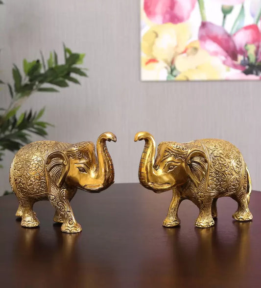 Metal Elephant Statue Small Size Gold Polish 2 pcs